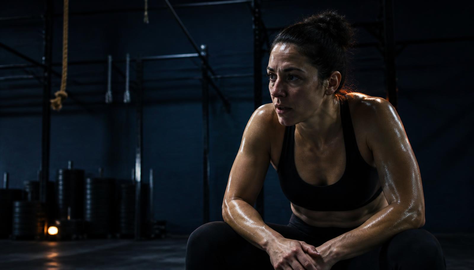 Athlete recovering after an intense training session in a dim gym