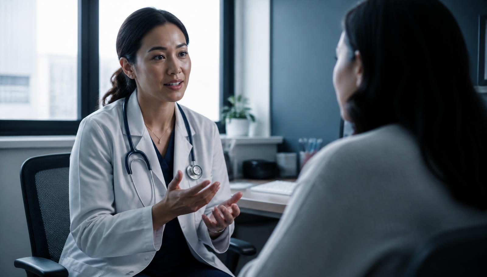 Clinician discussing a treatment plan with a patient in a consultation room