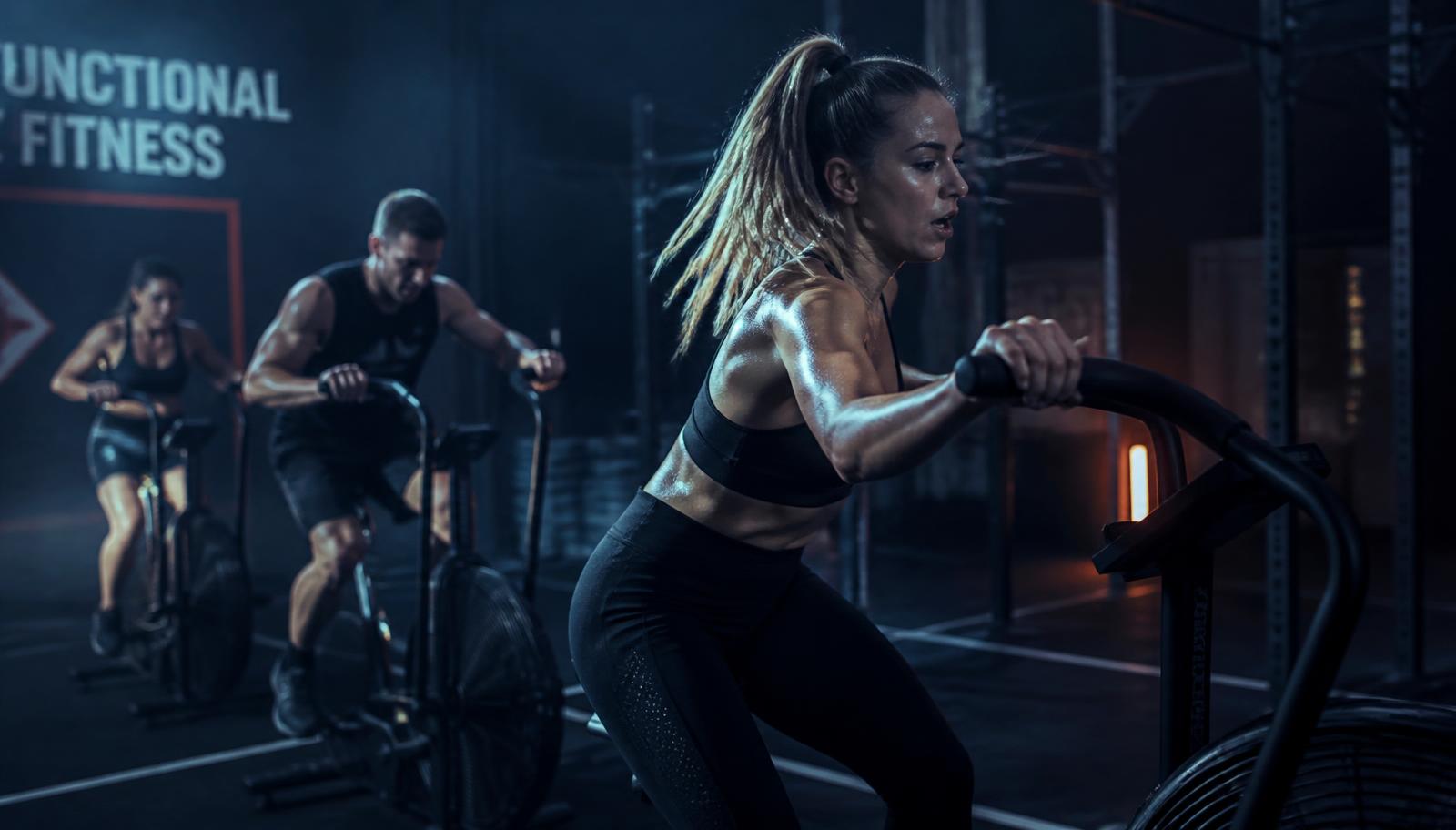 Functional fitness class working through repeated high-intensity intervals