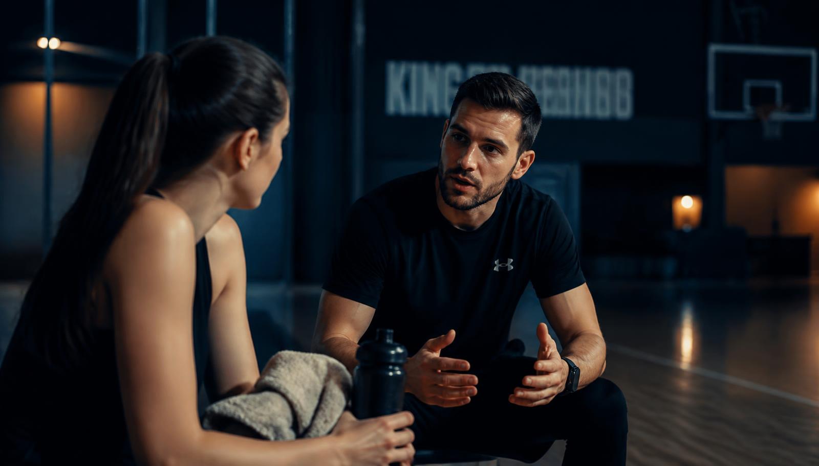 Personal trainer talking through recovery with a client after a session