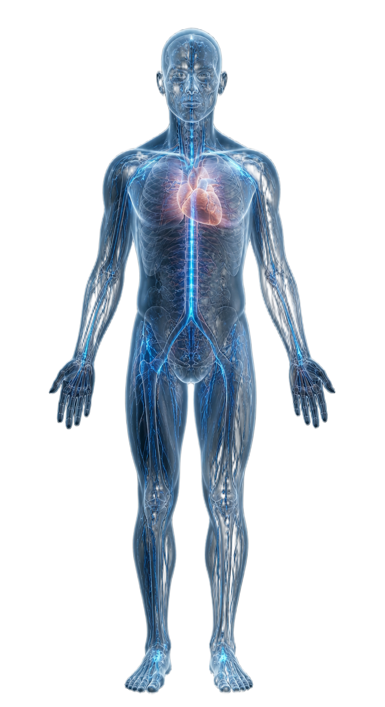 Semi-transparent illustration of the human body highlighting the systems carnosine supports