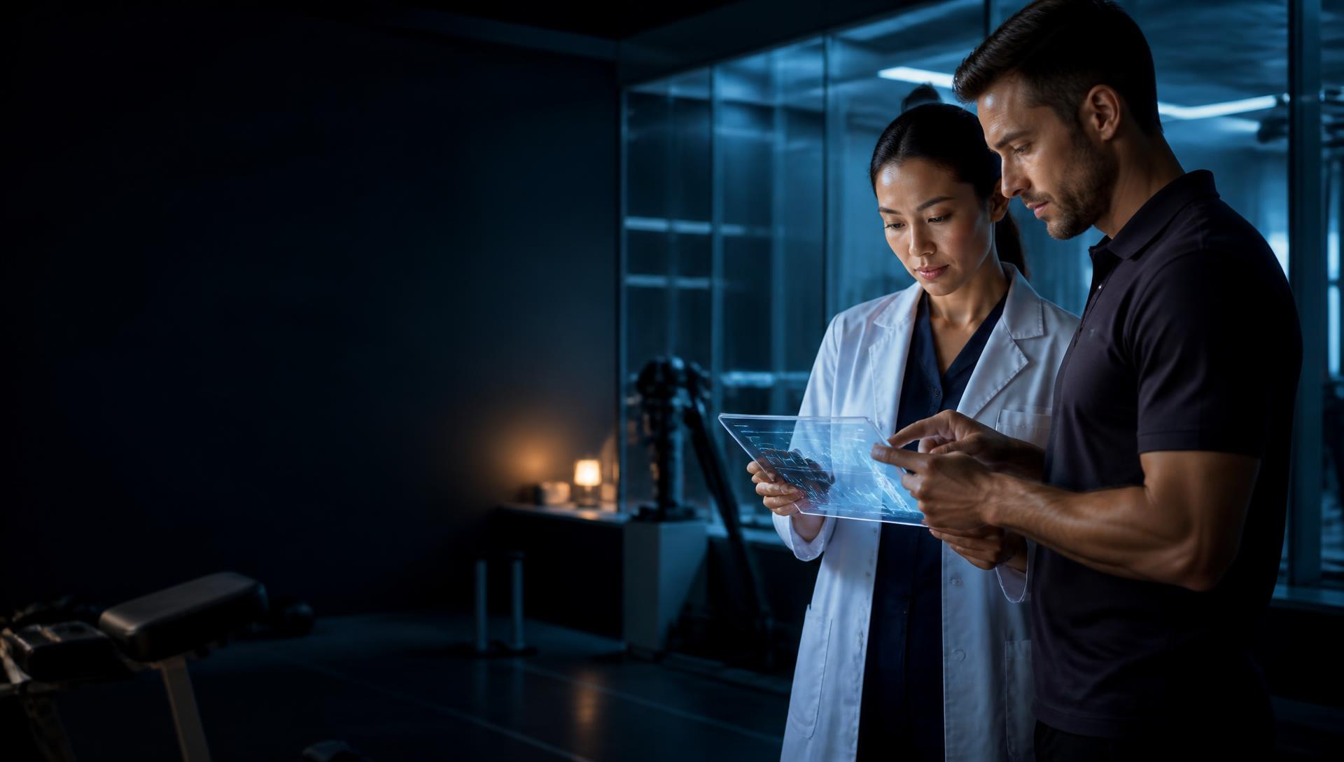 Sports medicine practitioners reviewing recovery data in a clinical performance laboratory