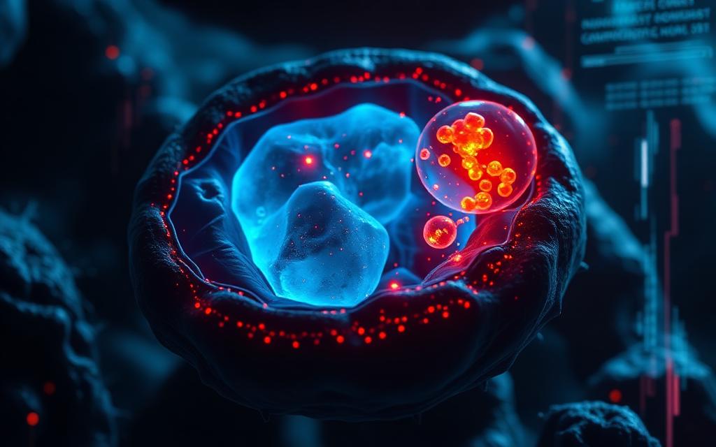 Microscopic muscle cell with mitochondria and oxidative stress particles