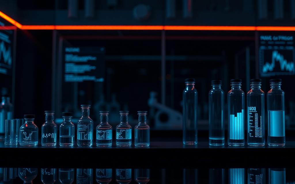 Biotechnology research laboratory with sample vials and data displays